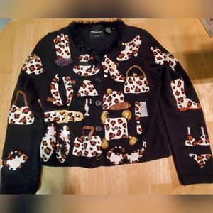 MICHAEL SIMON Vintage Leopard Animal Print Embroidered Cardigan Ugly Sweater M